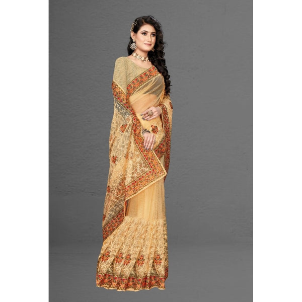 Chiku Net Saree with Unstitched Blouse for Women - Traditional Party Wear (5-6 Meters)