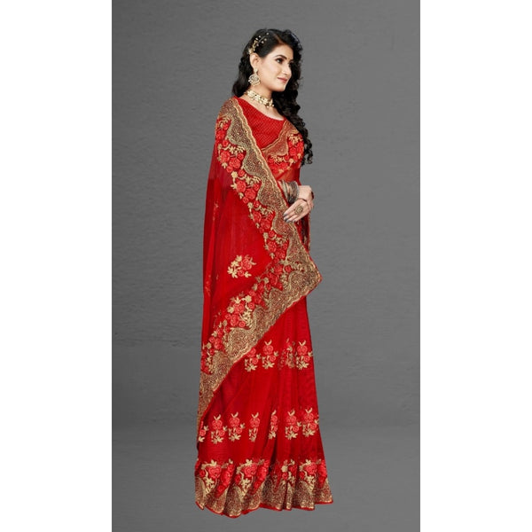 Red Net Saree with Blouse for Women - Traditional Party Wear Saree (5-6 Meters)