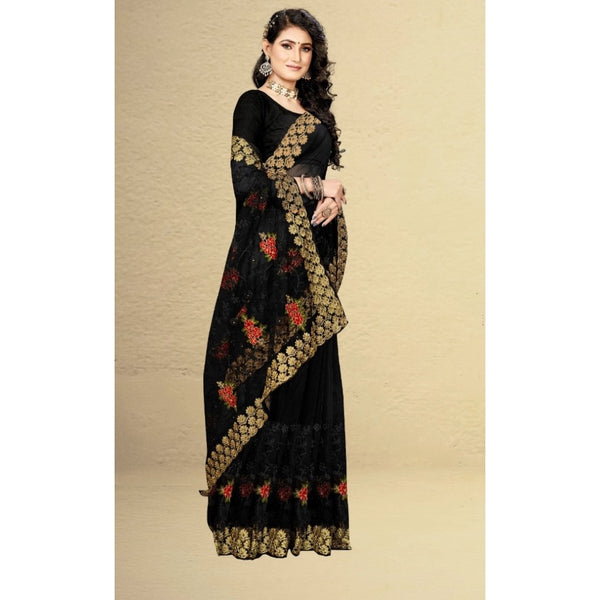 Black Net Saree with Unstitched Blouse for Women - Traditional Party Wear (5-6 Meters)