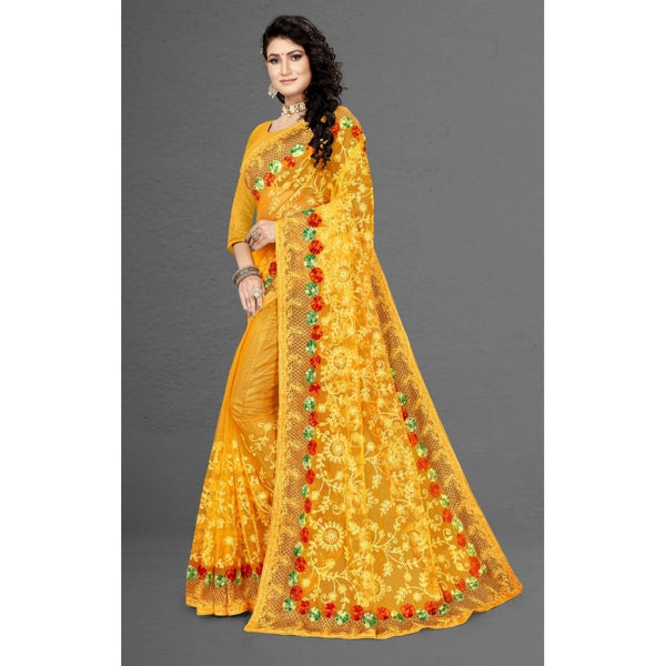 Yellow Net Saree with Unstitched Blouse for Women - Traditional Party Wear (5-6 Meters)