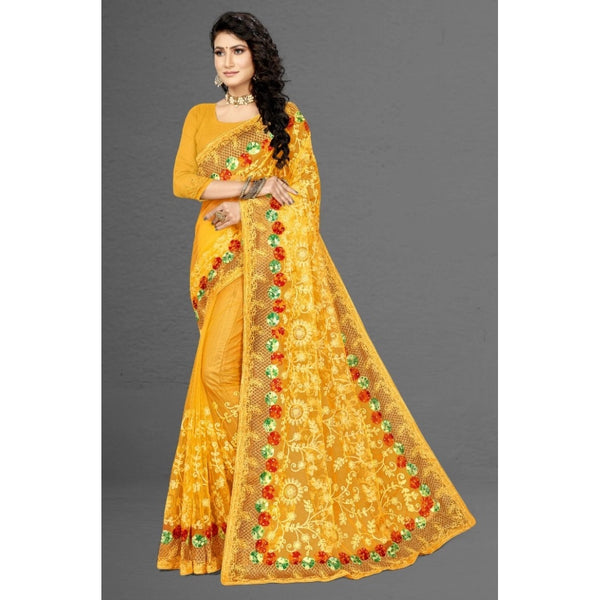 Yellow Net Saree with Unstitched Blouse for Women - Traditional Party Wear (5-6 Meters)