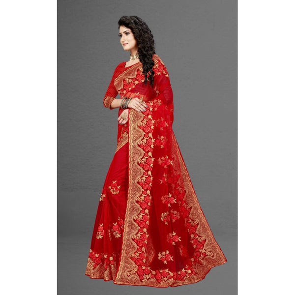 Red Net Saree with Blouse for Women - Traditional Party Wear Saree (5-6 Meters)