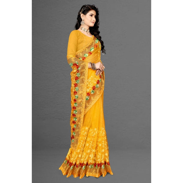 Yellow Net Saree with Unstitched Blouse for Women - Traditional Party Wear (5-6 Meters)
