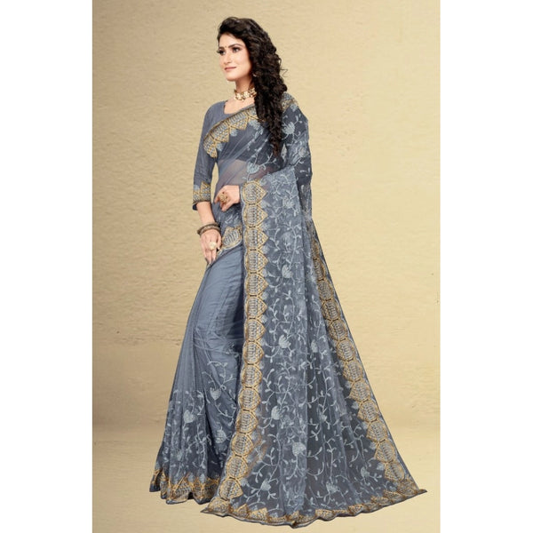 Grey Net Saree with Unstitched Blouse for Women - Traditional Festive Wear (5-6 Meters)