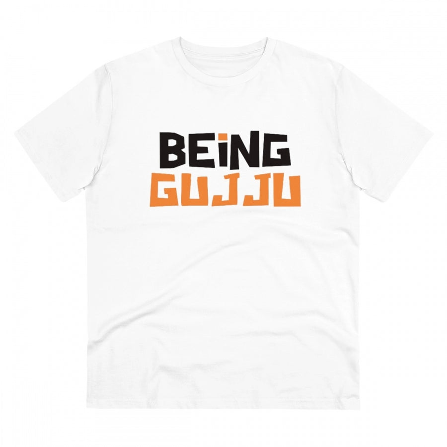 Generic Men's PC Cotton Being Gujju Printed T Shirt (Color: White, Thread Count: 180GSM)