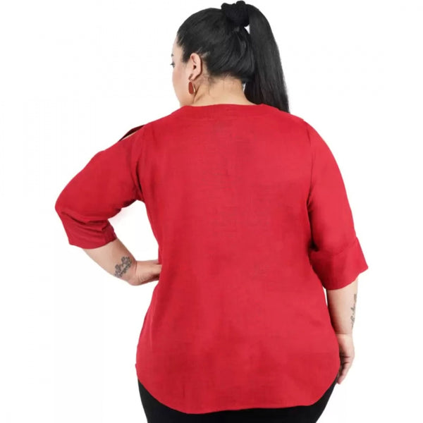 Maroon Cotton Linen Blend Top for Women - 3/4 Sleeve Round Neck Casual Wear