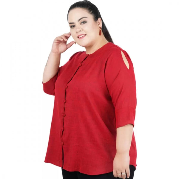 Maroon Cotton Linen Blend Top for Women - 3/4 Sleeve Round Neck Casual Wear