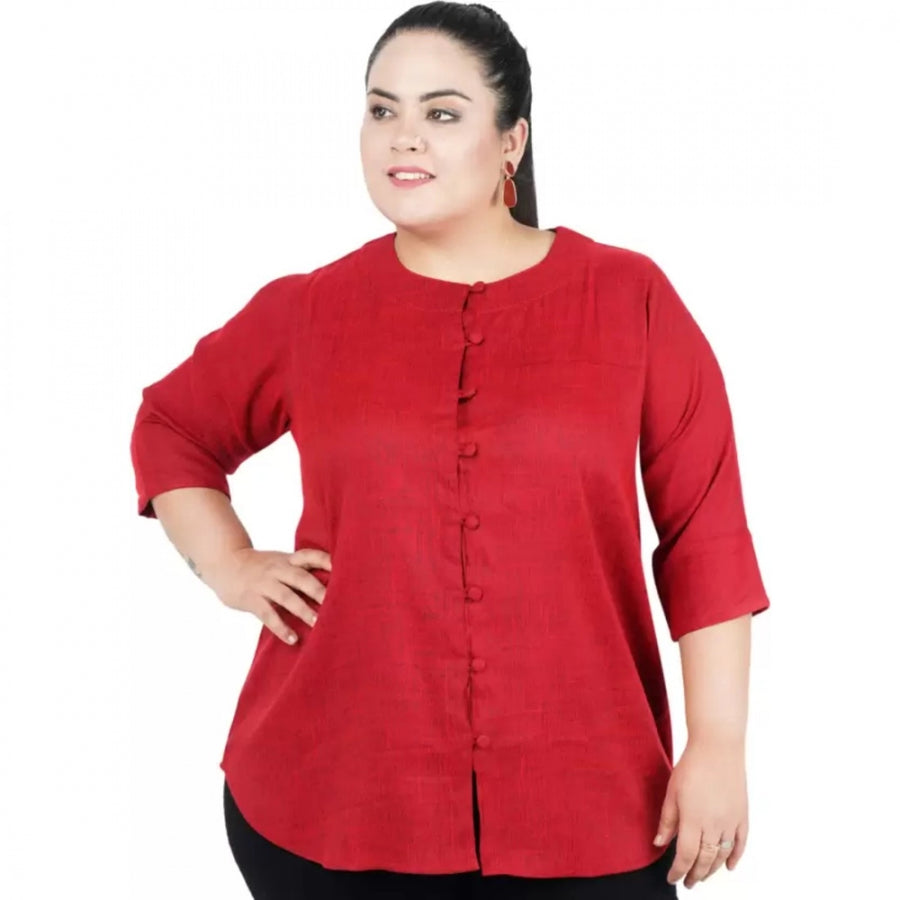 Maroon Cotton Linen Blend Top for Women - 3/4 Sleeve Round Neck Casual Wear