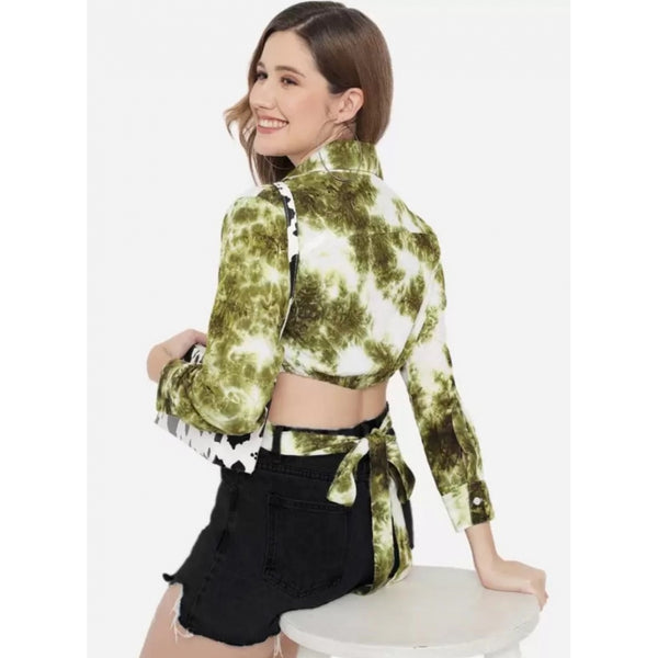 Green Printed Rayon Top for Women - 3/4 Sleeve Spread Collar Casual Top