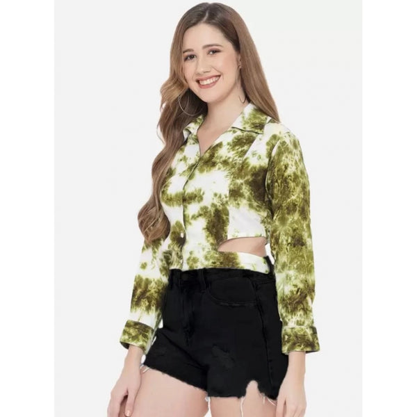 Green Printed Rayon Top for Women - 3/4 Sleeve Spread Collar Casual Top