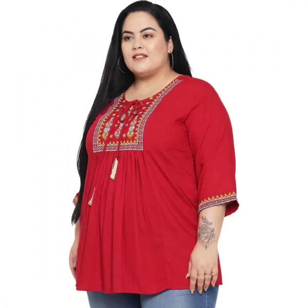 Maroon Embroidered Rayon Top for Women - 3/4 Sleeve Round Neck Casual Top