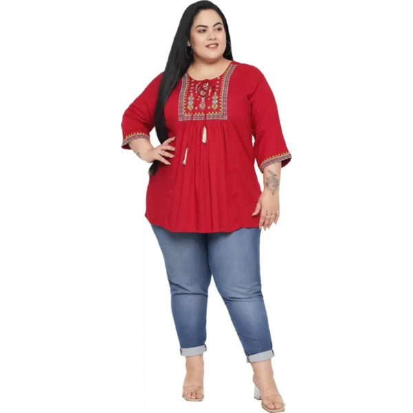 Maroon Embroidered Rayon Top for Women - 3/4 Sleeve Round Neck Casual Top