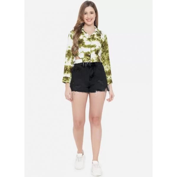 Green Printed Rayon Top for Women - 3/4 Sleeve Spread Collar Casual Top