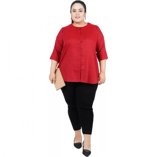 Maroon Cotton Linen Blend Top for Women - 3/4 Sleeve Round Neck Casual Wear