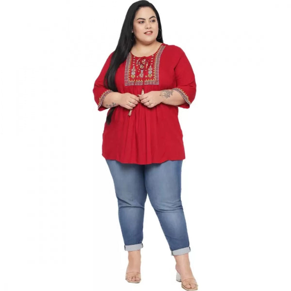 Maroon Embroidered Rayon Top for Women - 3/4 Sleeve Round Neck Casual Top