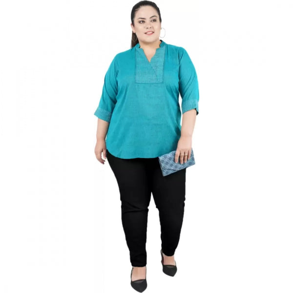 Generic Women's Casual Three Fourth Sleeve Embroidered Light Green Top (Color:Light Blue, Material:Cotton Linen Blend)