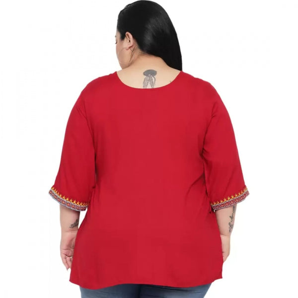 Maroon Embroidered Rayon Top for Women - 3/4 Sleeve Round Neck Casual Top