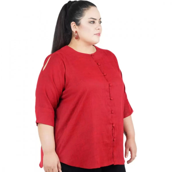Maroon Cotton Linen Blend Top for Women - 3/4 Sleeve Round Neck Casual Wear