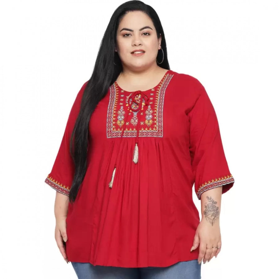 Maroon Embroidered Rayon Top for Women - 3/4 Sleeve Round Neck Casual Top