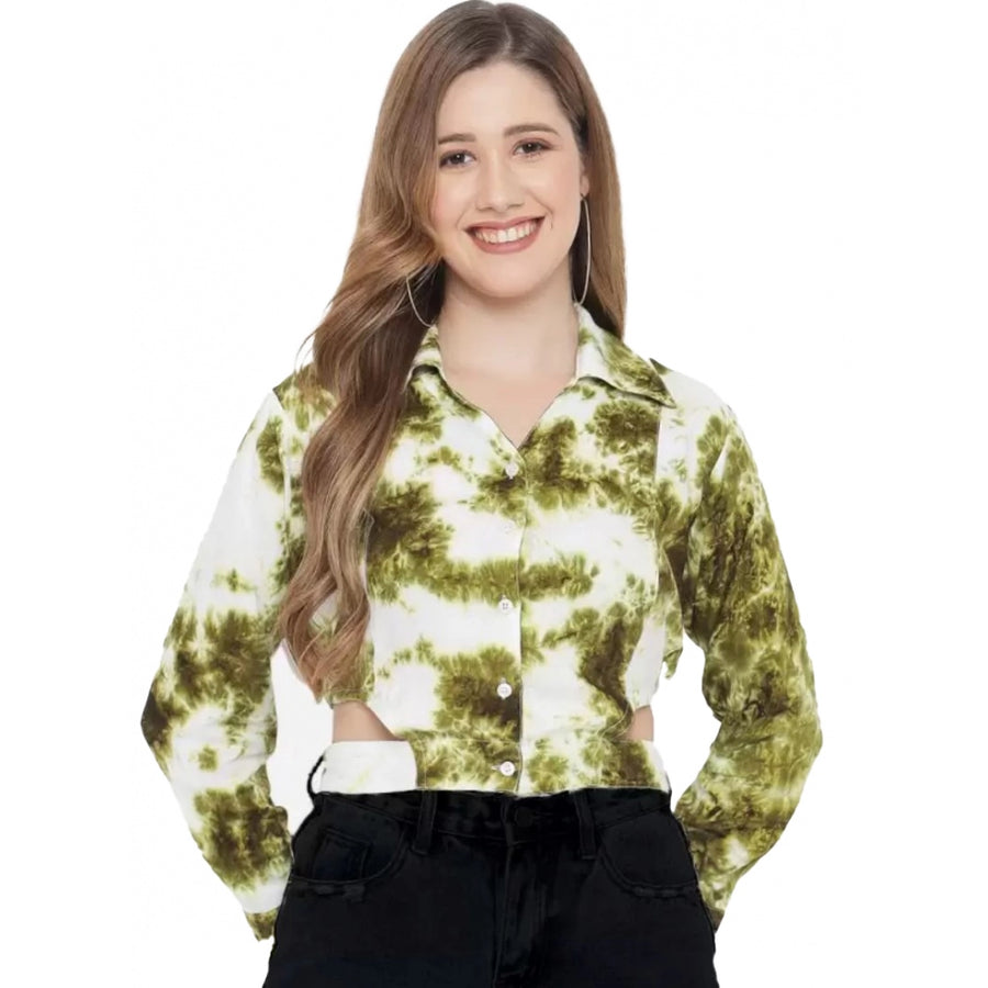 Green Printed Rayon Top for Women - 3/4 Sleeve Spread Collar Casual Top