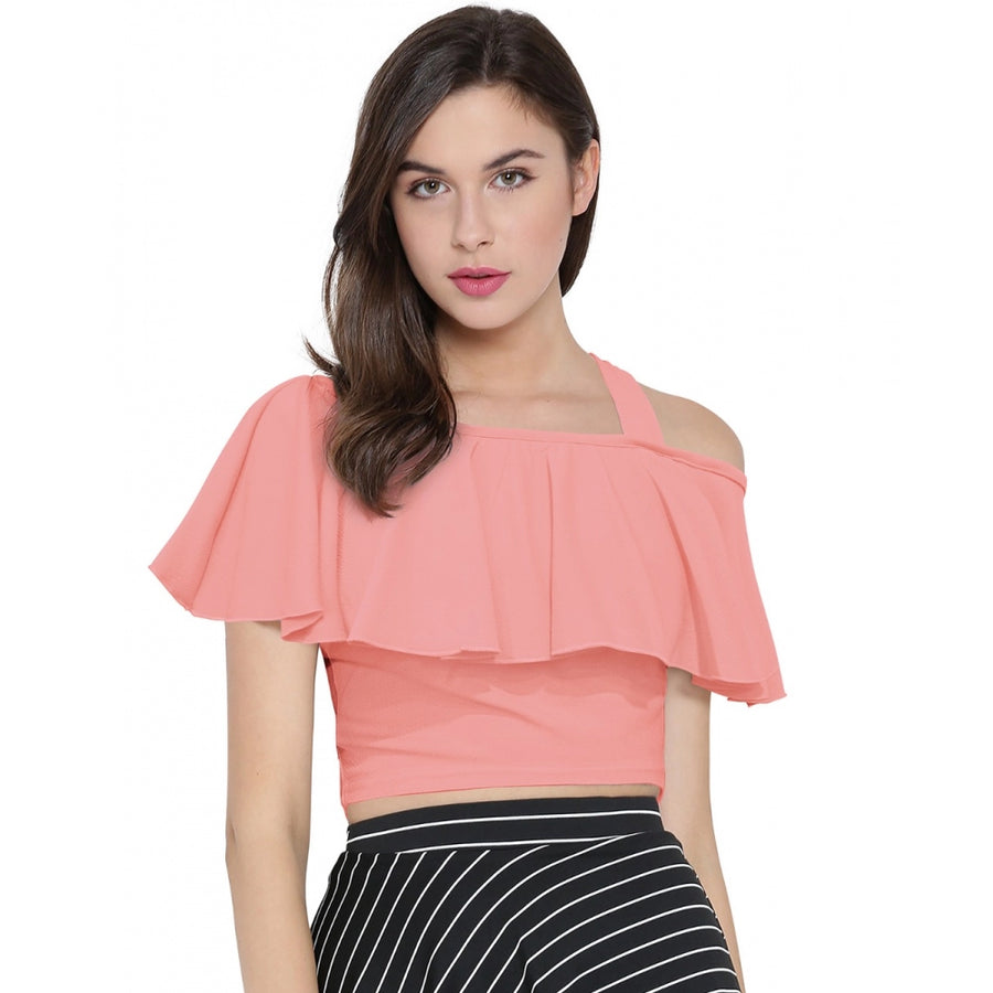 Peach Hosiery Crop Top for Women - Sleeveless Designer Neck Western Wear Top