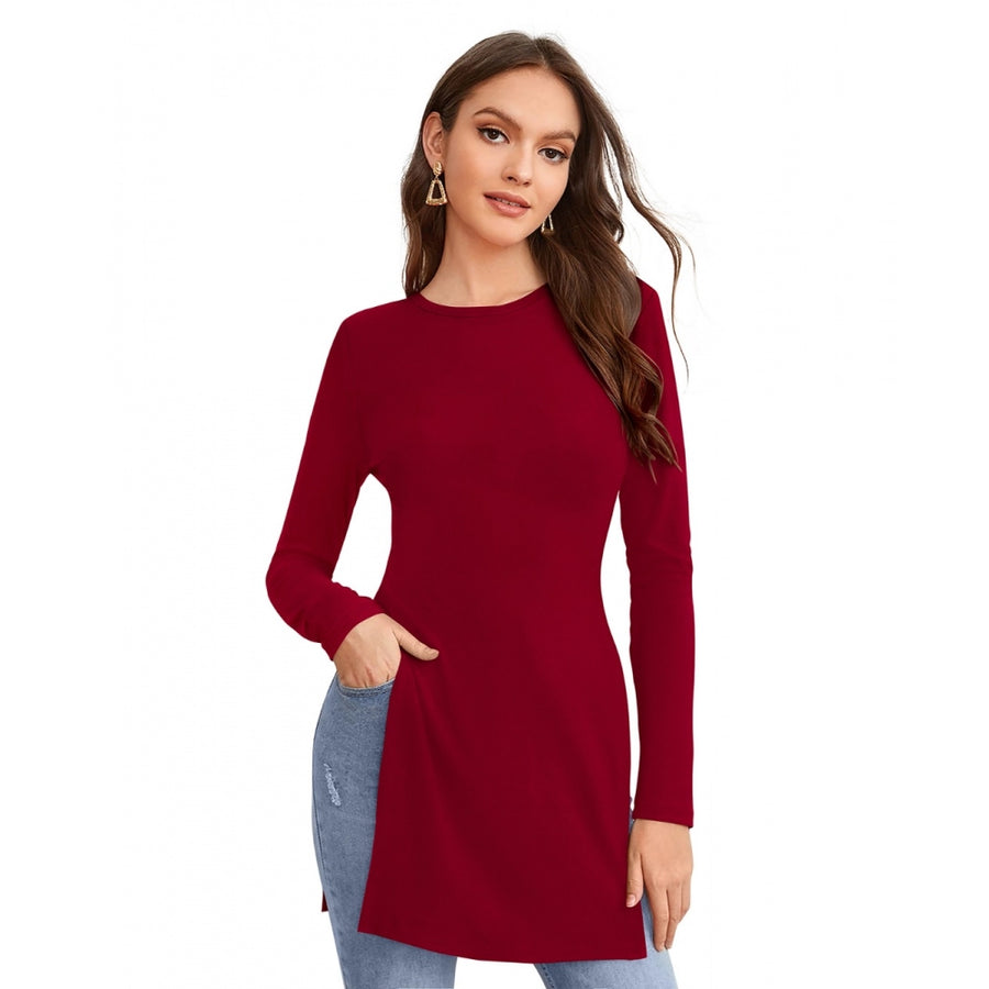 Maroon Hosiery T-Shirt for Women - Full Sleeve Round Neck Western Wear Top