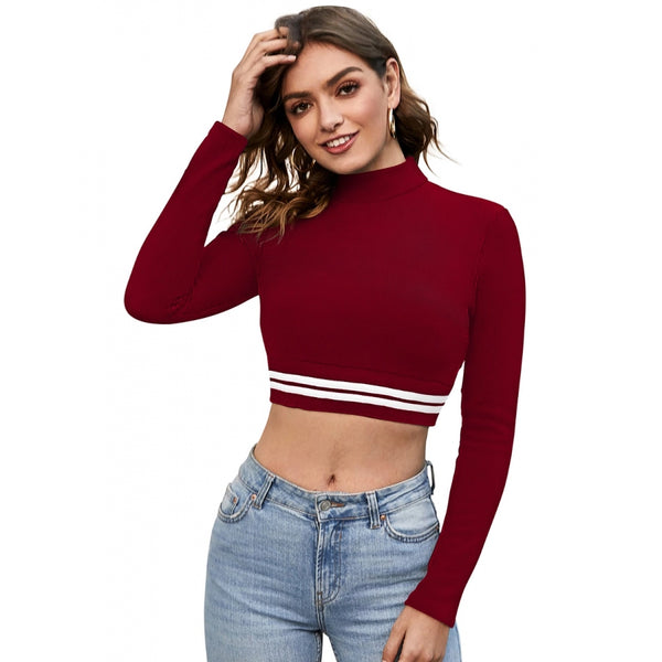 Maroon Hosiery Crop Top for Women - Full Sleeve Western Wear Top