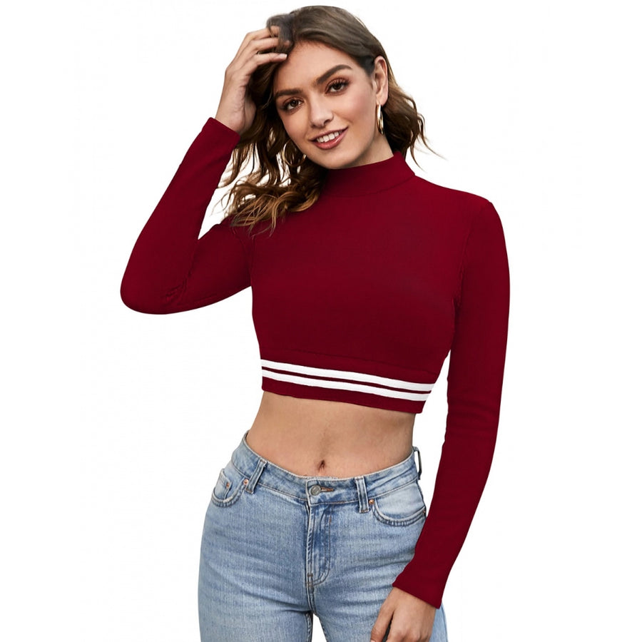 Maroon Hosiery Crop Top for Women - Full Sleeve Western Wear Top