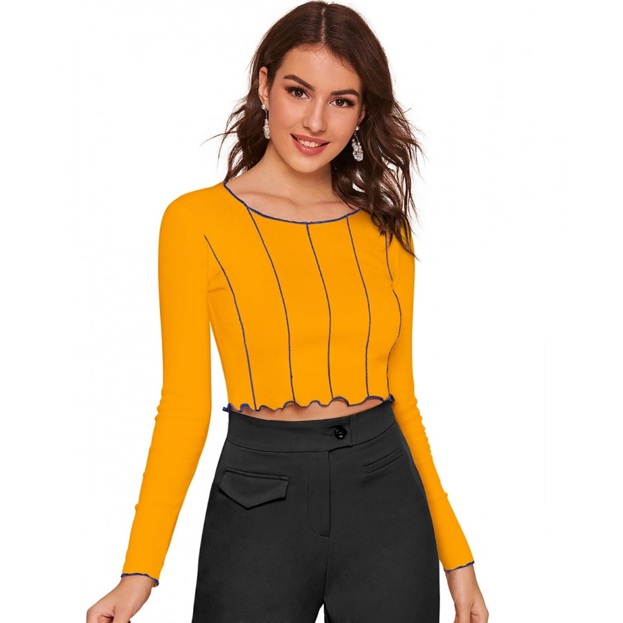 Yellow Hosiery Crop Top for Women - Full Sleeve Round Neck Western Wear Top