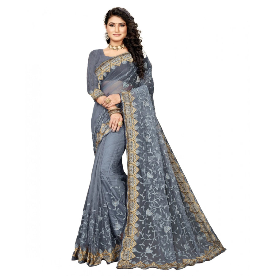 Grey Net Saree with Unstitched Blouse for Women - Traditional Festive Wear (5-6 Meters)