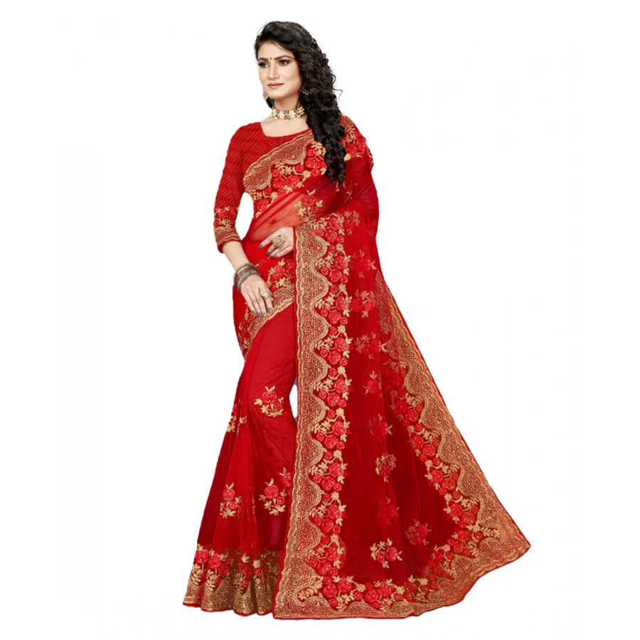 Red Net Saree with Blouse for Women - Traditional Party Wear Saree (5-6 Meters)