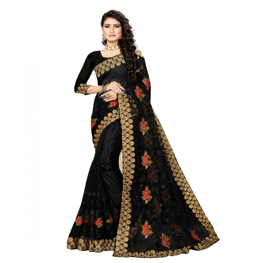 Black Net Saree with Unstitched Blouse for Women - Traditional Party Wear (5-6 Meters)
