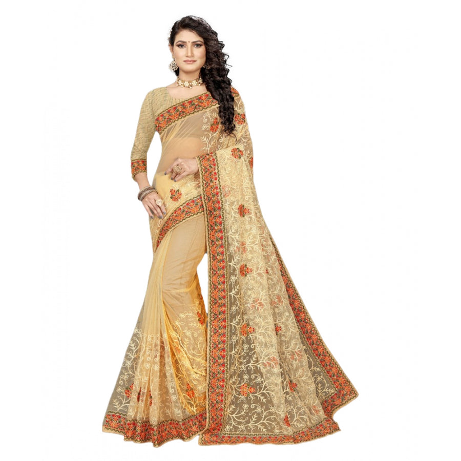 Chiku Net Saree with Unstitched Blouse for Women - Traditional Party Wear (5-6 Meters)