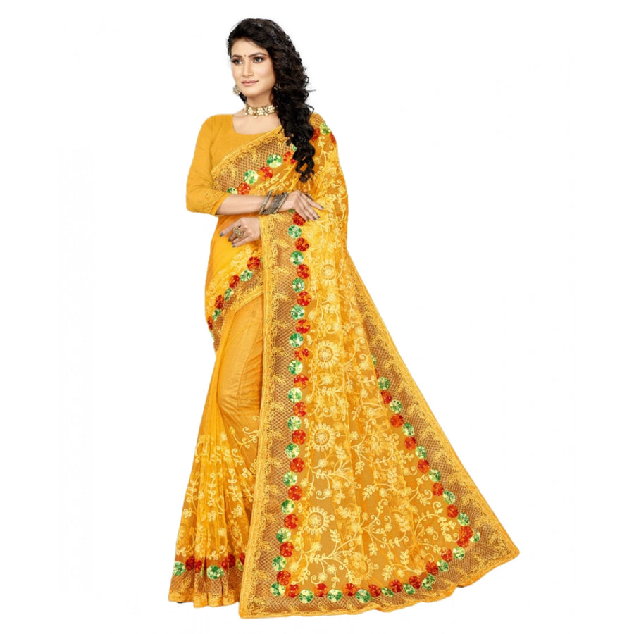 Yellow Net Saree with Unstitched Blouse for Women - Traditional Party Wear (5-6 Meters)