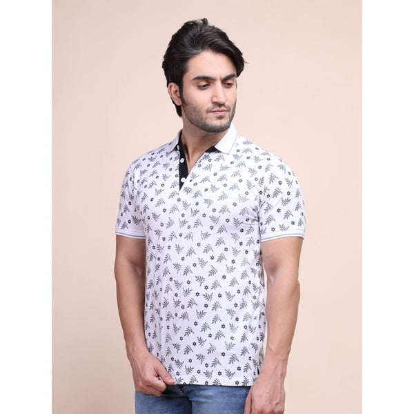 Generic Men's Casual Cotton Printed Polo Neck Half Sleeve T-Shirt (White)