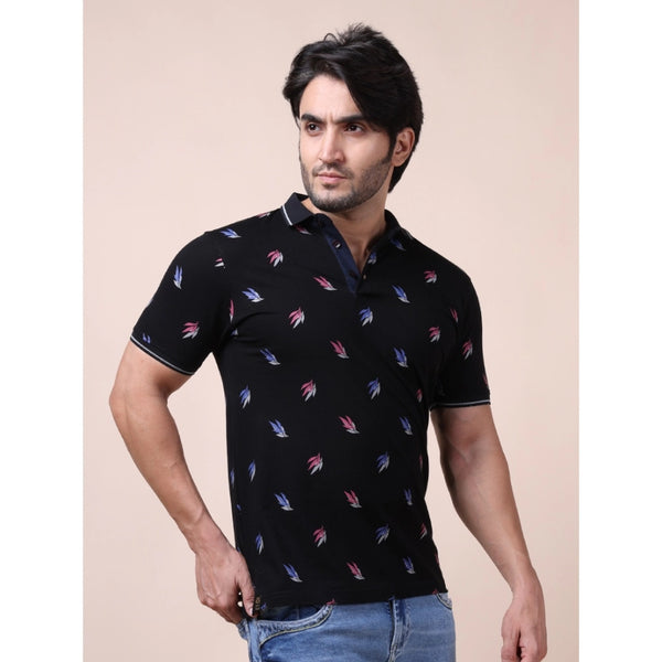 Generic Men's Casual Cotton Printed Polo Neck Half Sleeve T-Shirt (Black)
