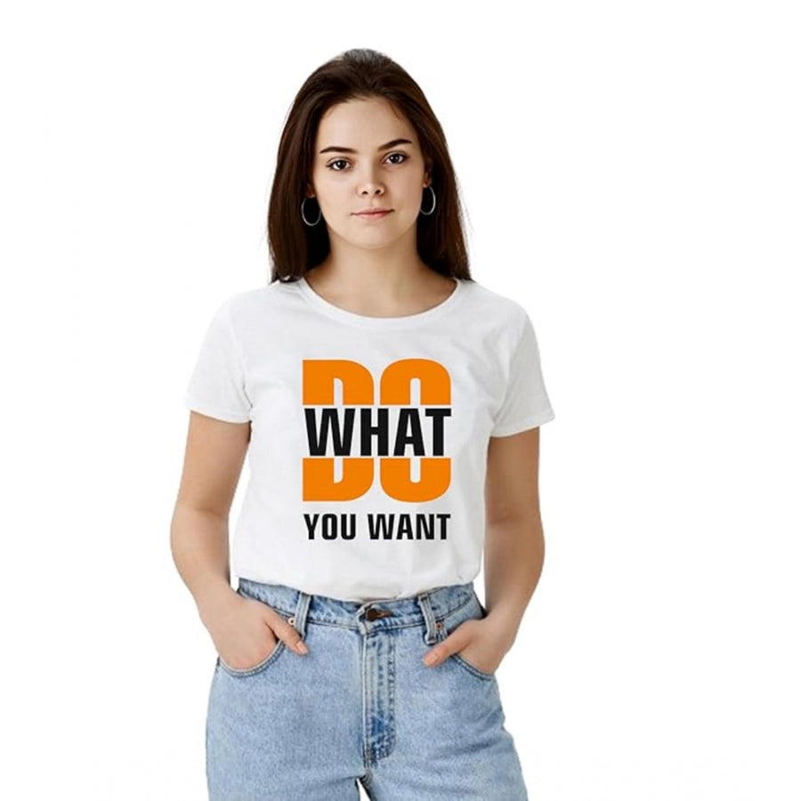 White Women's Polyester T-Shirt - Solid Printed Round Neck Half Sleeve Top