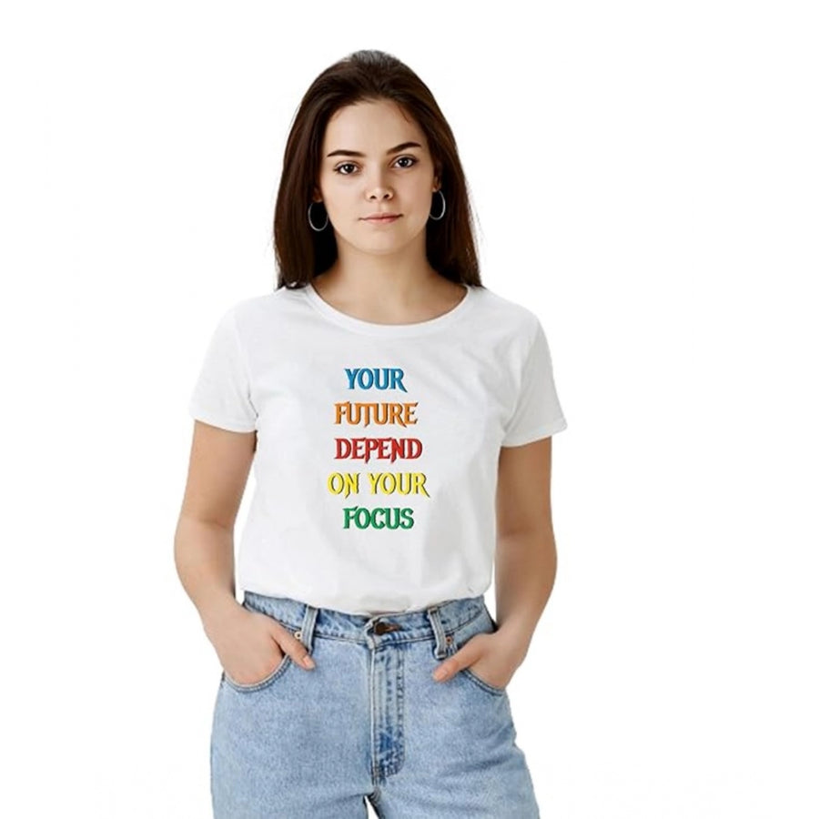 White Women's Polyester T-Shirt - Round Neck Half Sleeve Printed Casual Top
