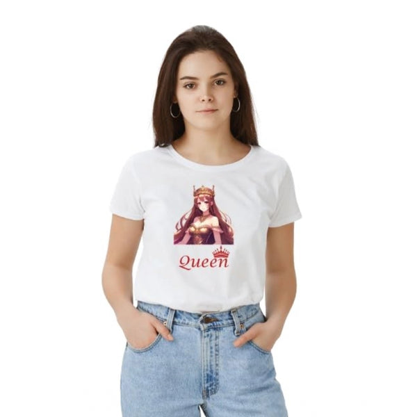 White Women's Polyester T-Shirt - Round Neck Half Sleeve Casual Top