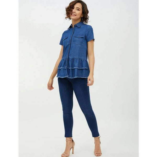 Blue Denim Peplum Top for Women - Short Sleeve Collar Neck Western Wear