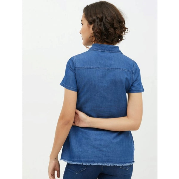 Blue Denim Peplum Top for Women - Short Sleeve Collar Neck Western Wear