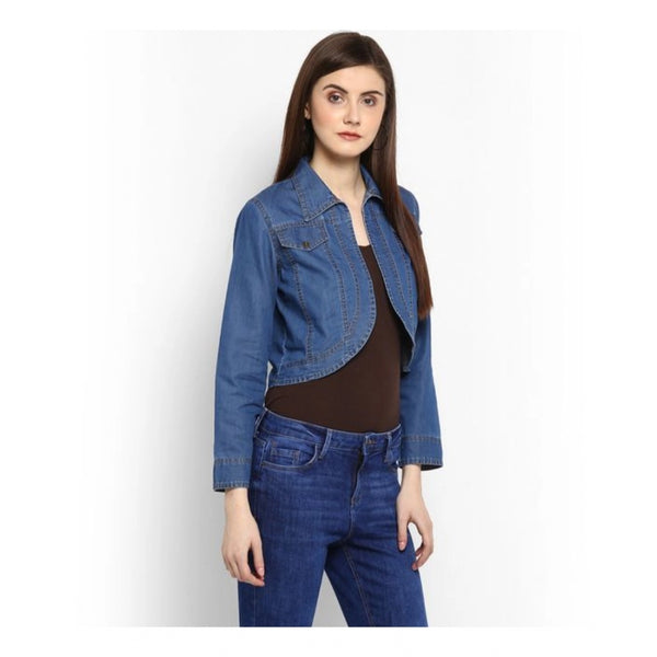Blue Denim 3/4 Sleeve Shrug for Women - Solid Pattern Casual Outerwear