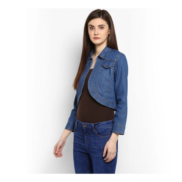 Blue Denim 3/4 Sleeve Shrug for Women - Solid Pattern Casual Outerwear