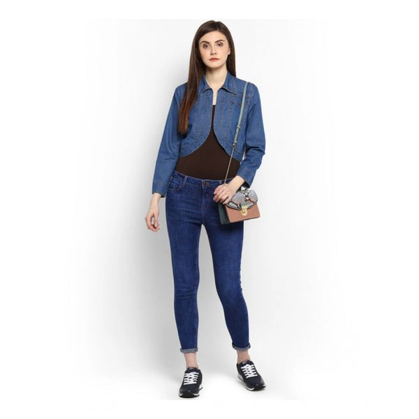 Blue Denim 3/4 Sleeve Shrug for Women - Solid Pattern Casual Outerwear