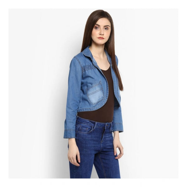 Blue Denim Smocking 3/4 Sleeve Shrug for Women - Casual Outerwear Jacket