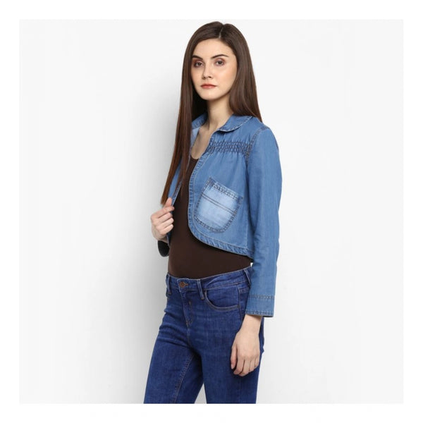 Blue Denim Smocking 3/4 Sleeve Shrug for Women - Casual Outerwear Jacket