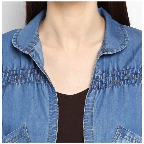 Blue Denim Smocking 3/4 Sleeve Shrug for Women - Casual Outerwear Jacket
