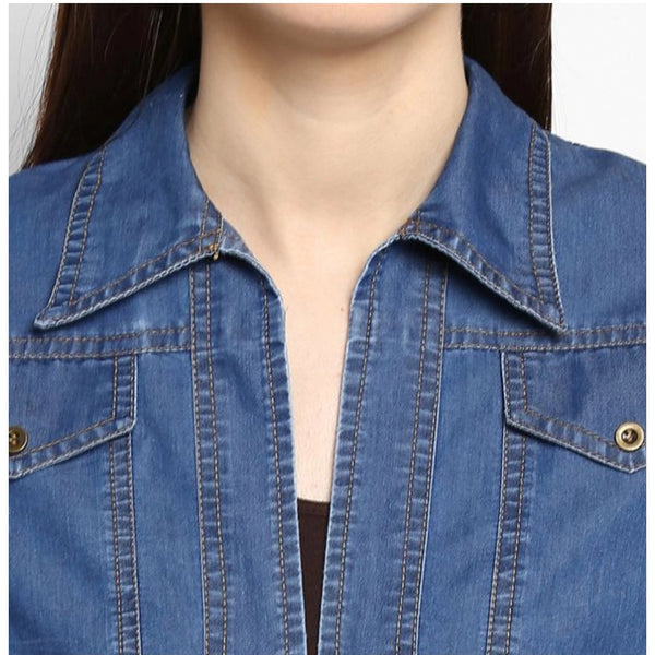 Blue Denim 3/4 Sleeve Shrug for Women - Solid Pattern Casual Outerwear
