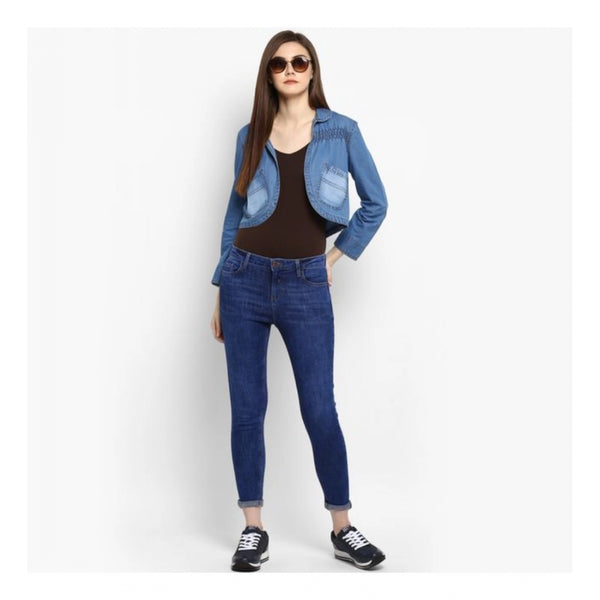 Blue Denim Smocking 3/4 Sleeve Shrug for Women - Casual Outerwear Jacket