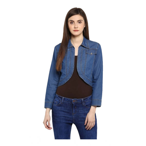 Blue Denim 3/4 Sleeve Shrug for Women - Solid Pattern Casual Outerwear